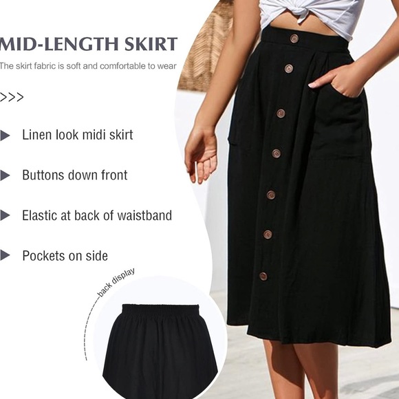 Women's High Waisted Pleated Midi Skirt w/ Pockets - Black - Picture 6 of 6
